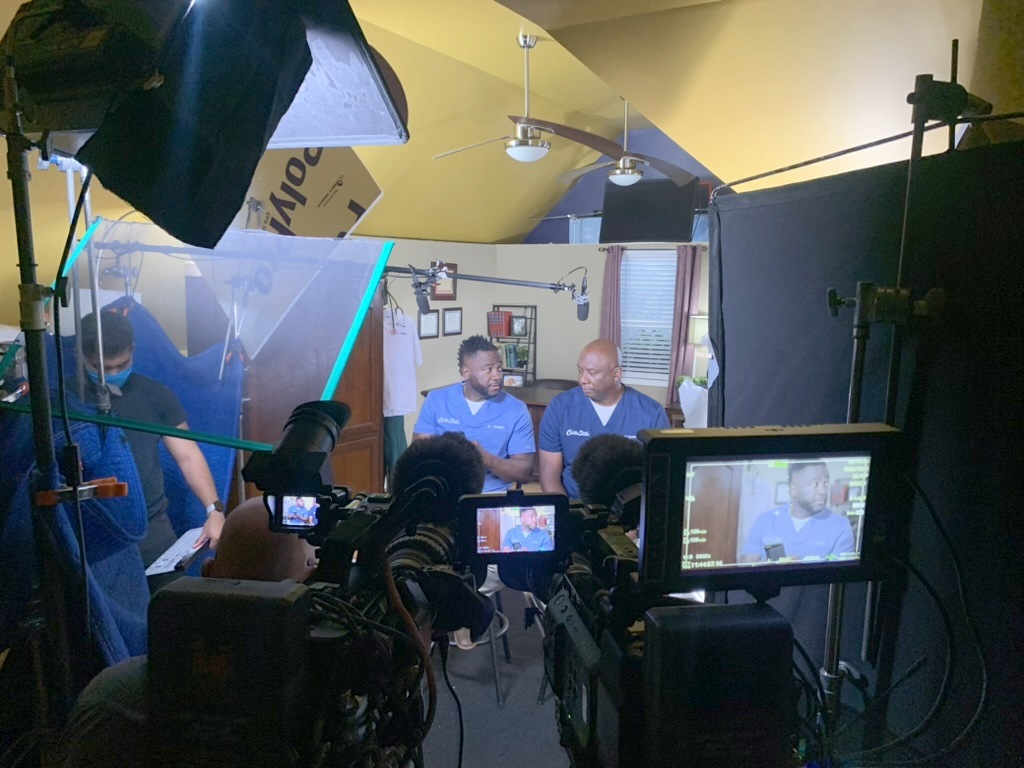 Dual two-camera interview setup on the set of Critter Fixers: Country Vets