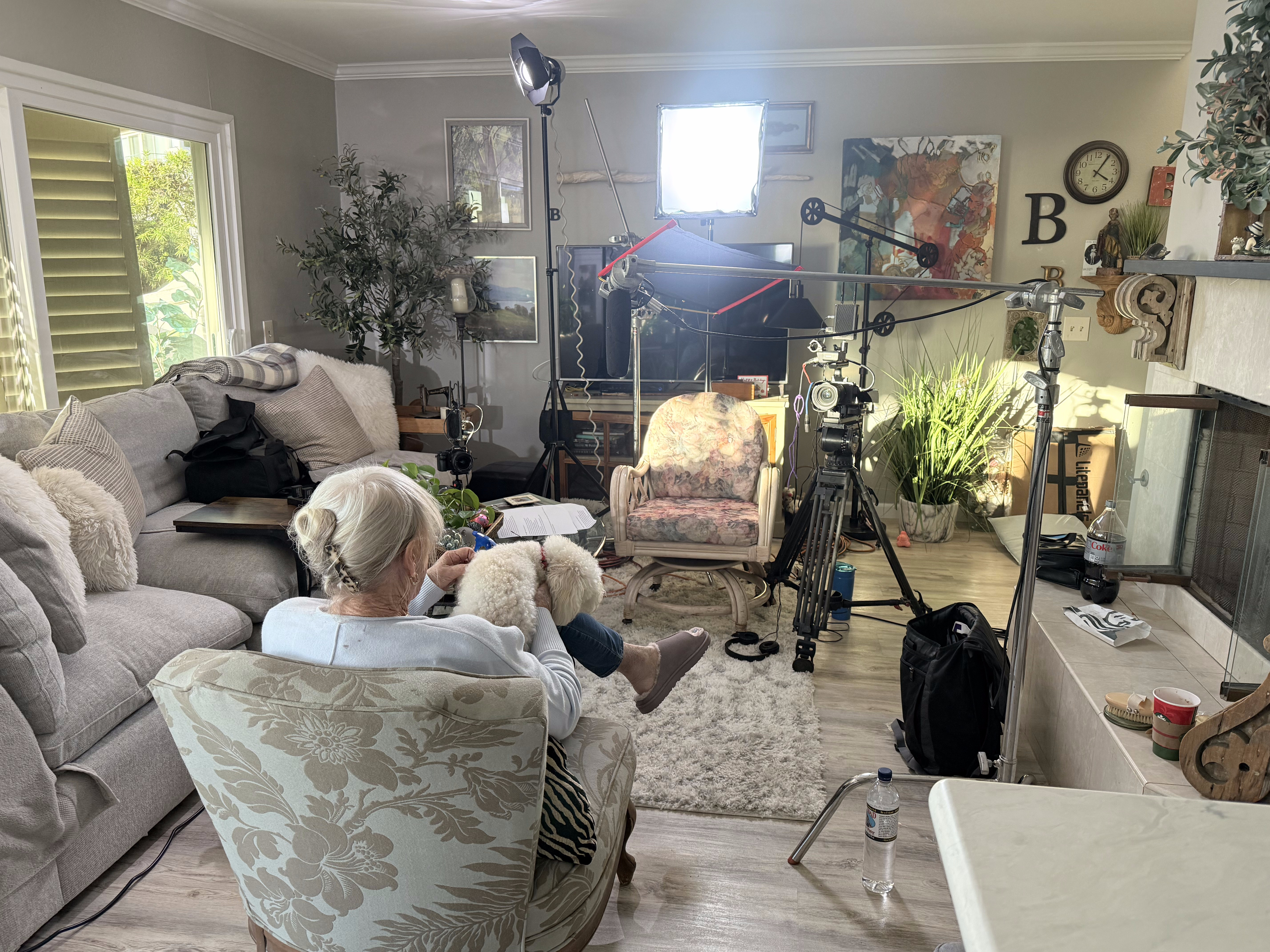 Home interview setup with full camera and lighting rig for a legacy documentary