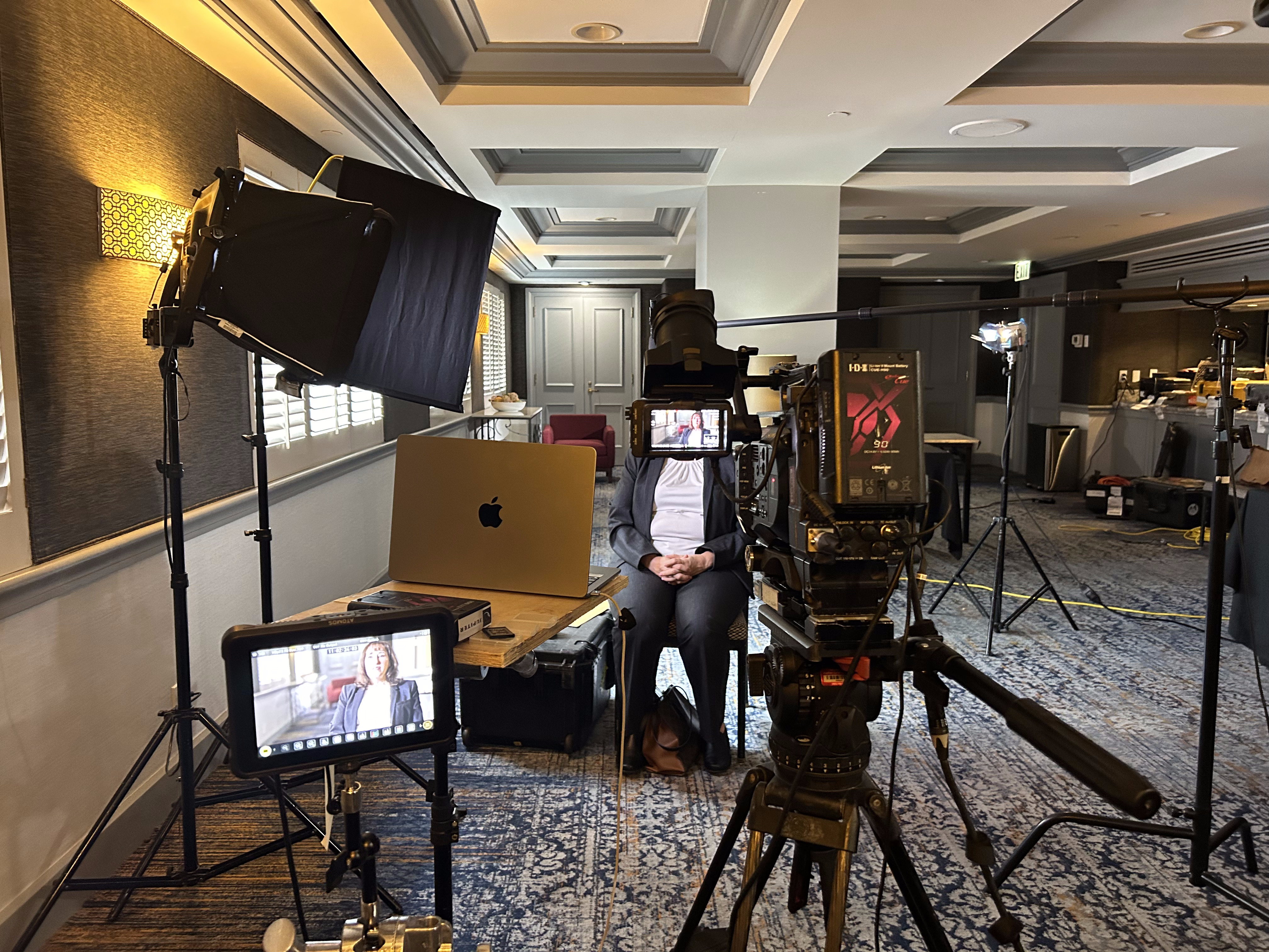 Corporate interview setup in a hotel conference space