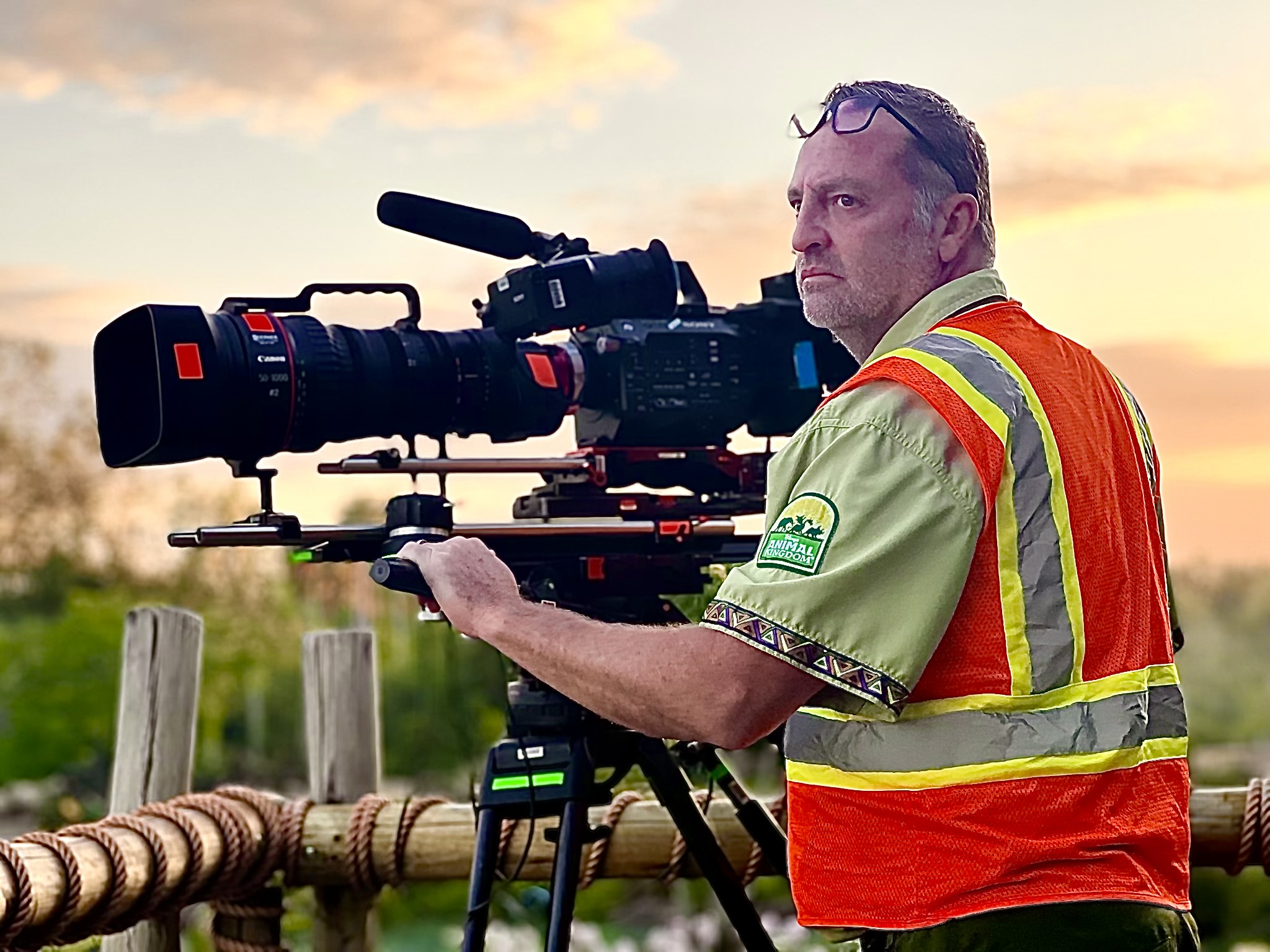 Camera operator filming long-lens b-roll at sunrise on the Kilimanjaro Safaris trail